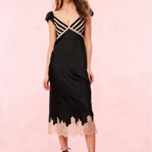 LoveShackFancy Brinkley Satin Midi Dress Black and Pink